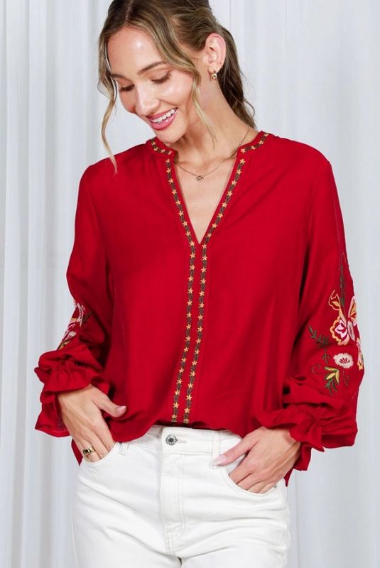 Floral Embroidered Blouse - RED