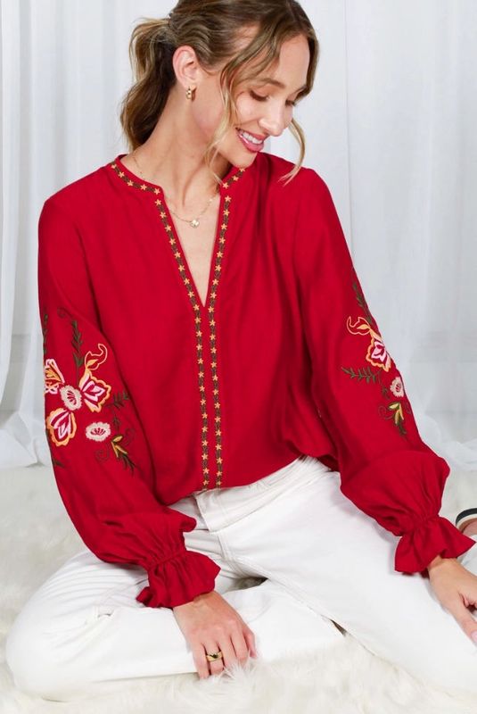 Floral Embroidered Blouse - RED