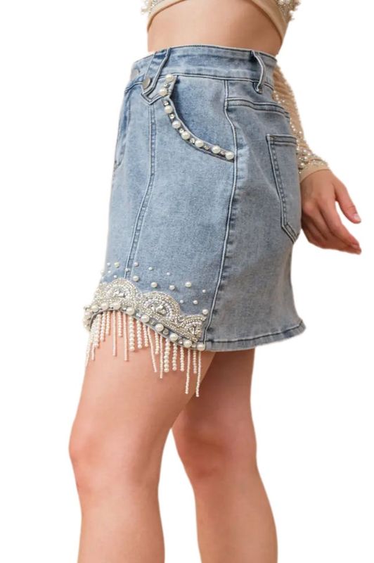 Stretch Denim Pearl Fringe Mini Skirt