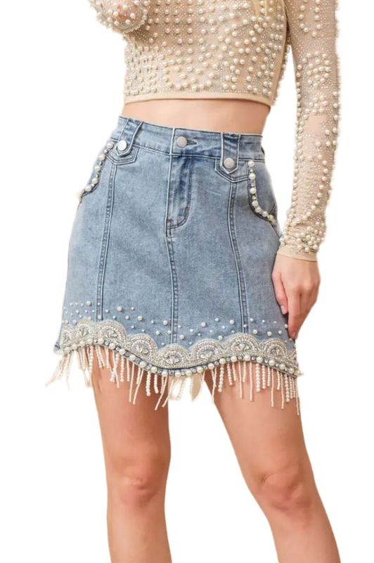Stretch Denim Pearl Fringe Mini Skirt