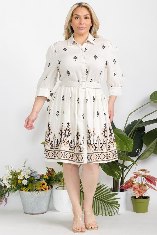 Curvy Linen Embroidered Midi Dress