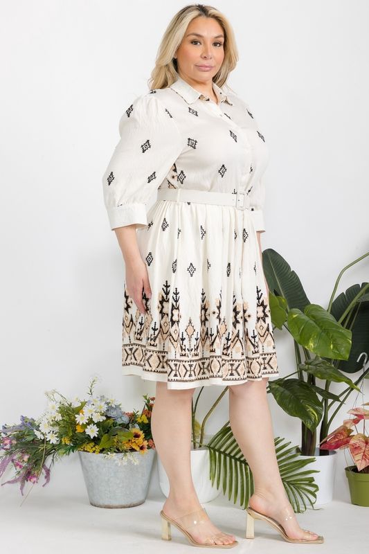 Curvy Linen Embroidered Midi Dress