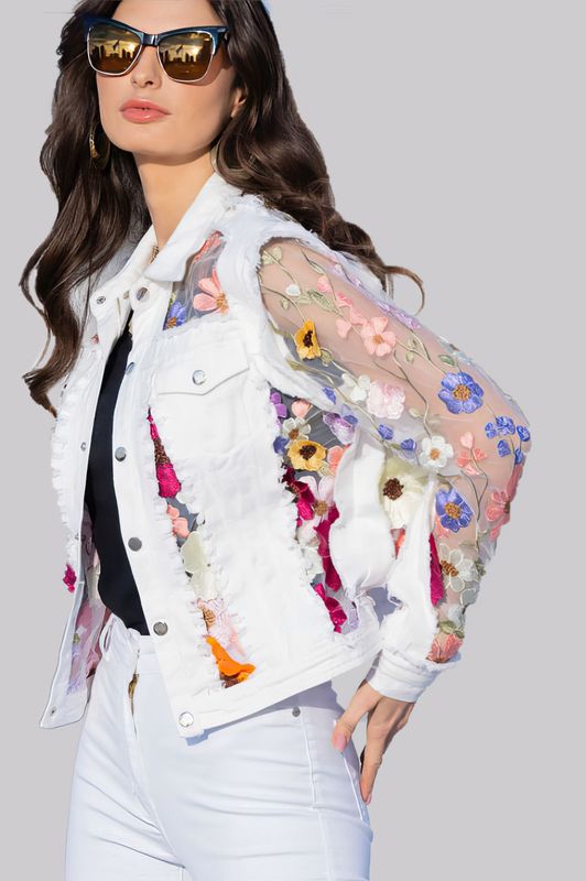 White Denim Floral Jacket