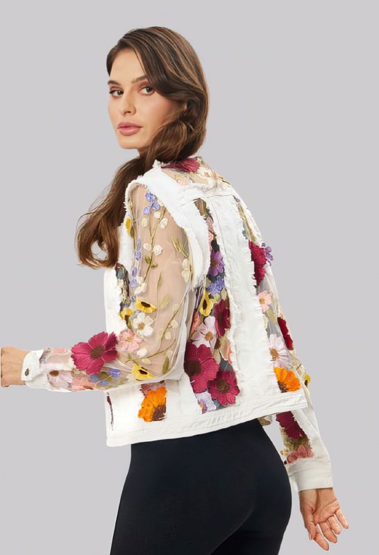 White Denim Floral Jacket