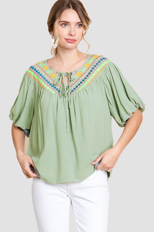 Embroidered V-Yoke Top