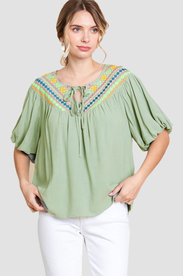 Embroidered V-Yoke Top, Size: SMALL