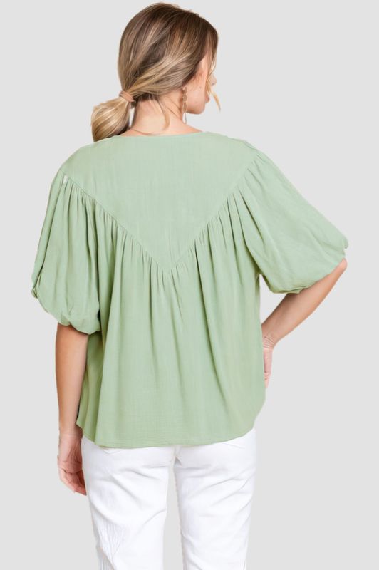 Embroidered V-Yoke Top