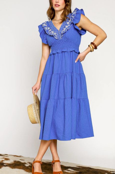 Embroidered Ruffle Midi Dress