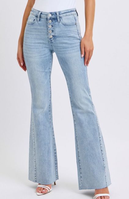 Rhinestone Flare Jeans - Light Blue