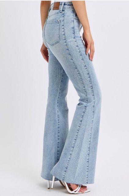 Rhinestone Flare Jeans - Light Blue