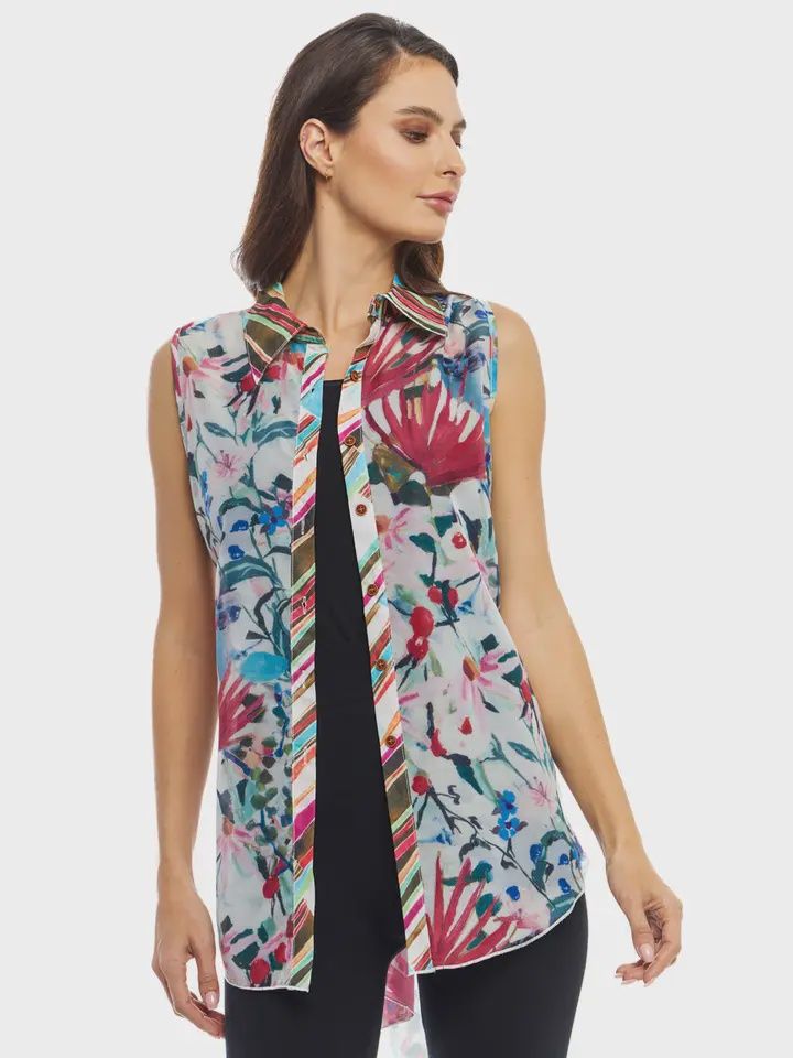 Sleeveless Painterly Button-down, Size: XL