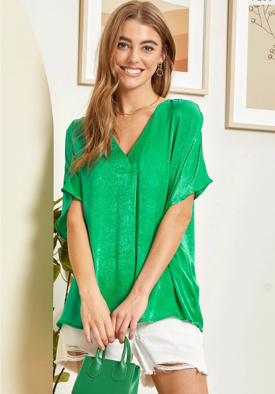 Green Satiny V-Neck Top, Size: 1X