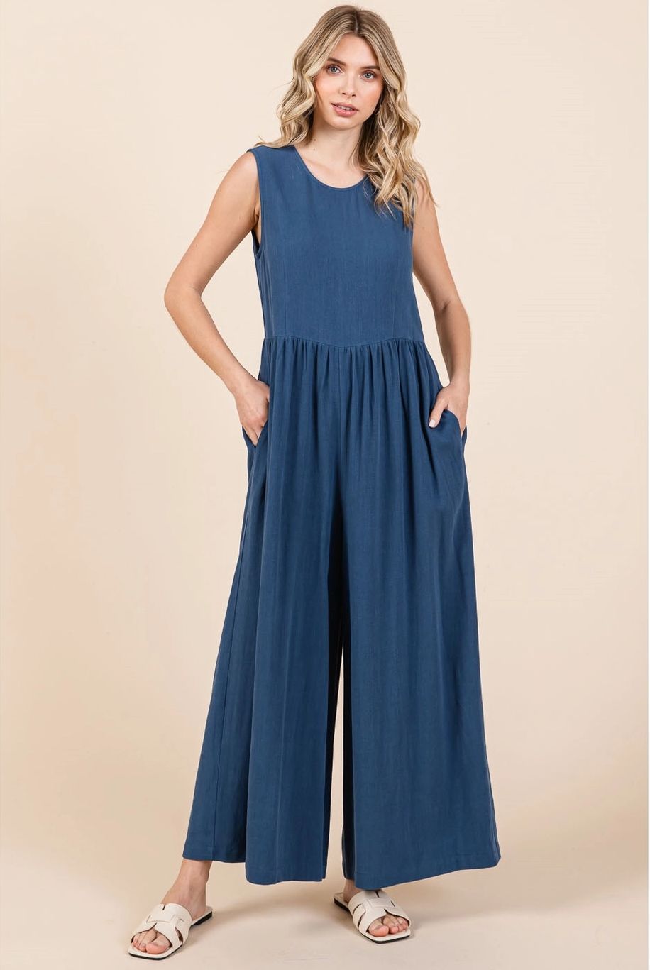 Linen Wide Leg Jumpsuit, Size: S, Color: Dark Denim