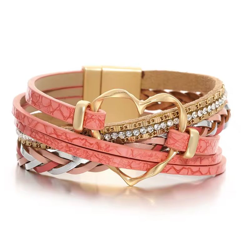 Big Heart Leather Bracelet, Color: PINK
