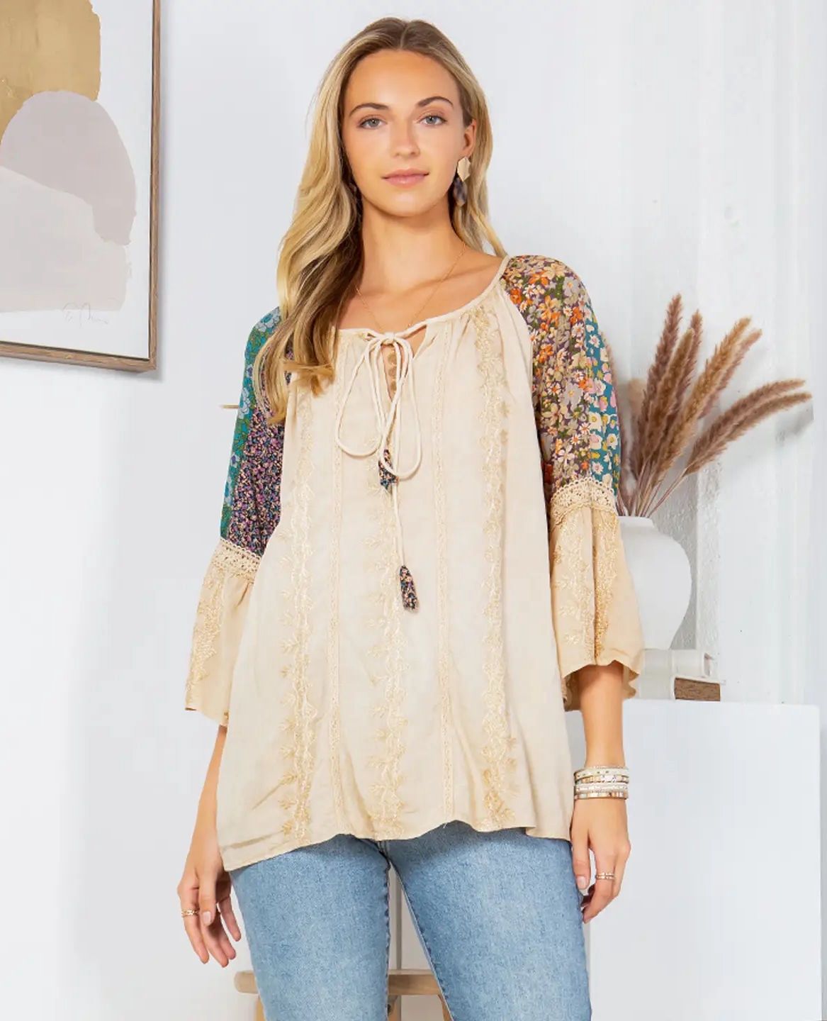 Embroidered Patchwork Blouse, Size: SMALL