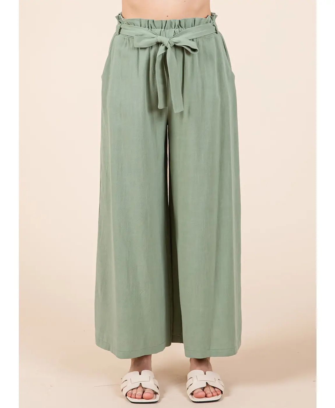 Wide Leg w Tie Pants, Color: SAGE, Size: SMALL