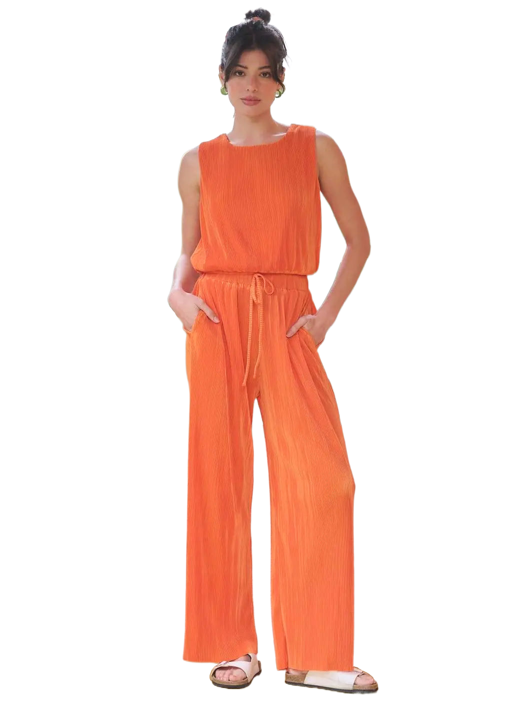 Pleated Satin Pants Set, Color: ORANGE, Size: S