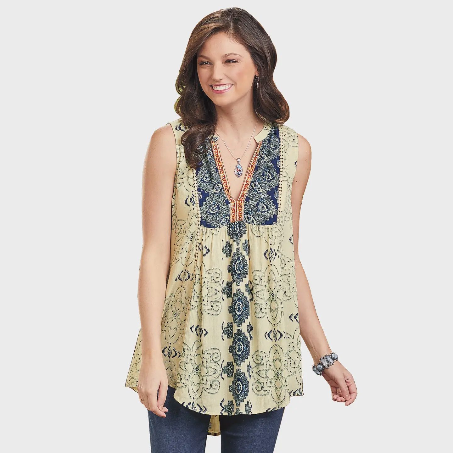 Border Print Sleeveless Top, Size: MEDIUM