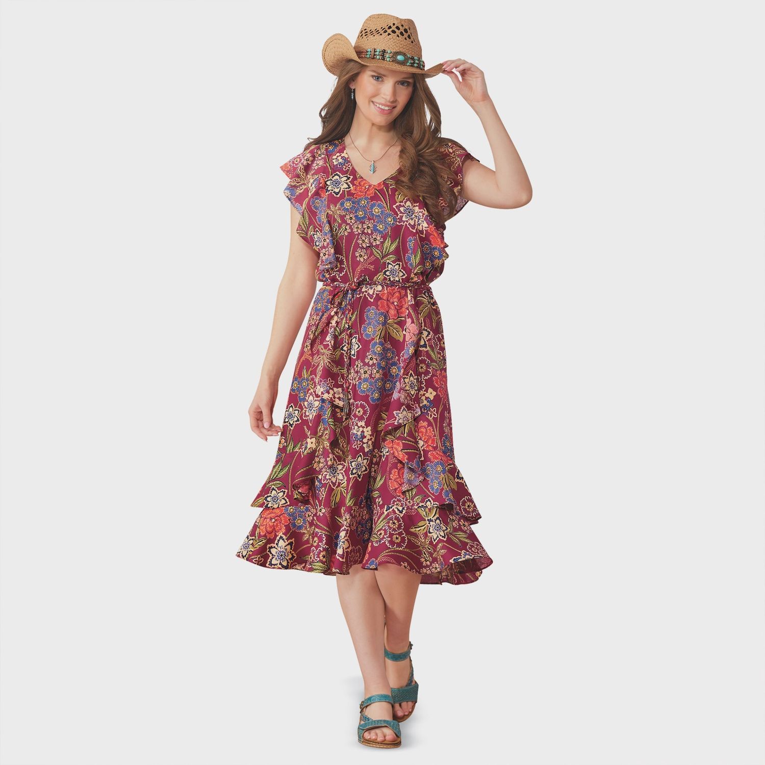Ruffled Floral Midi Dress, Size: MEDIUM