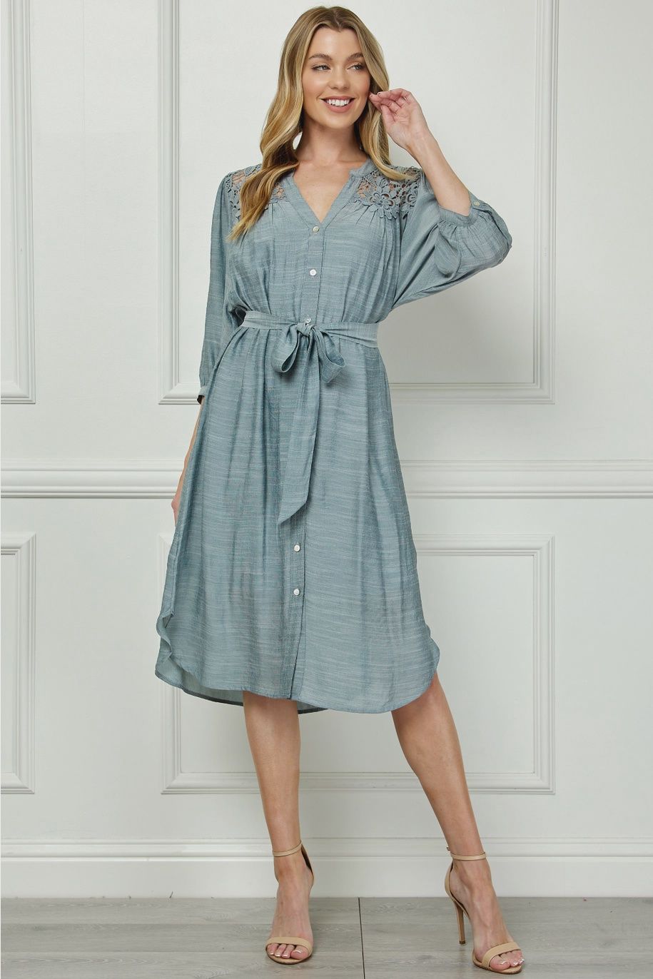 Lacy Yoke 2-Pc Midi Dress, Size: SMALL