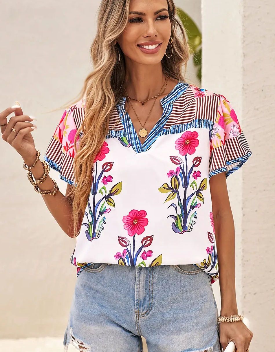 Ldc Floral Striped Patchwork Short Sleeve Split Neck Blouse, Size: SMALL