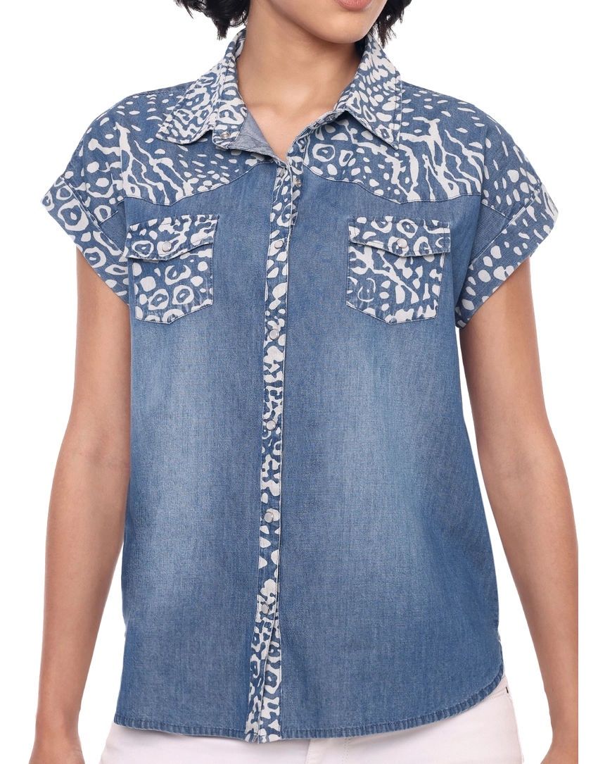 Blue Leopard Denim Shirt, Size: SMALL