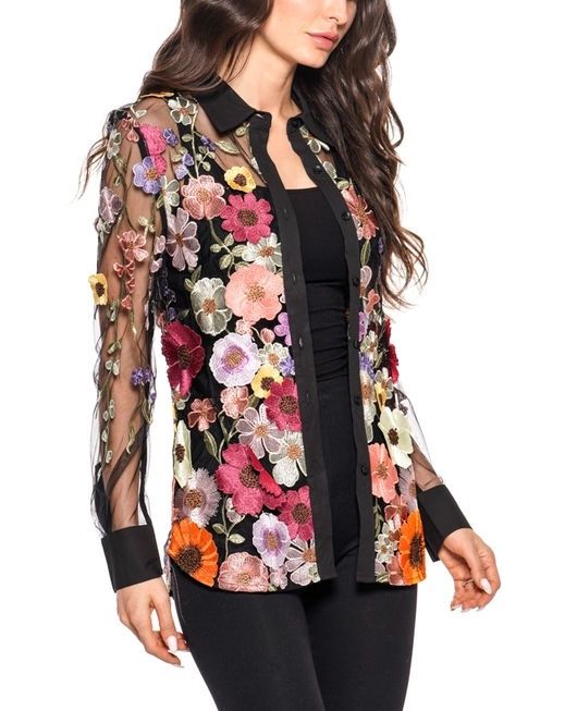 3D Floral Mesh Blouse, Size: SMALL
