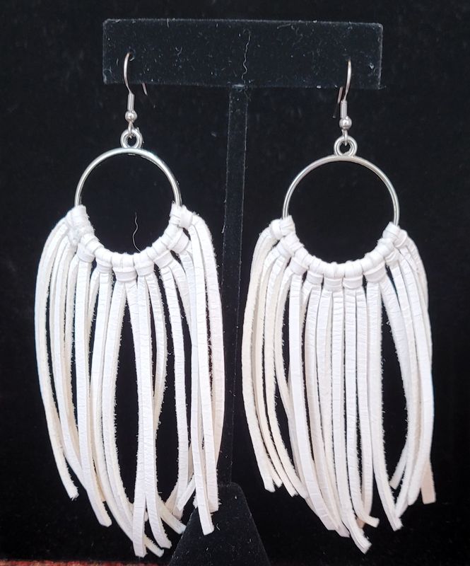 White Leather Fringe Earrings