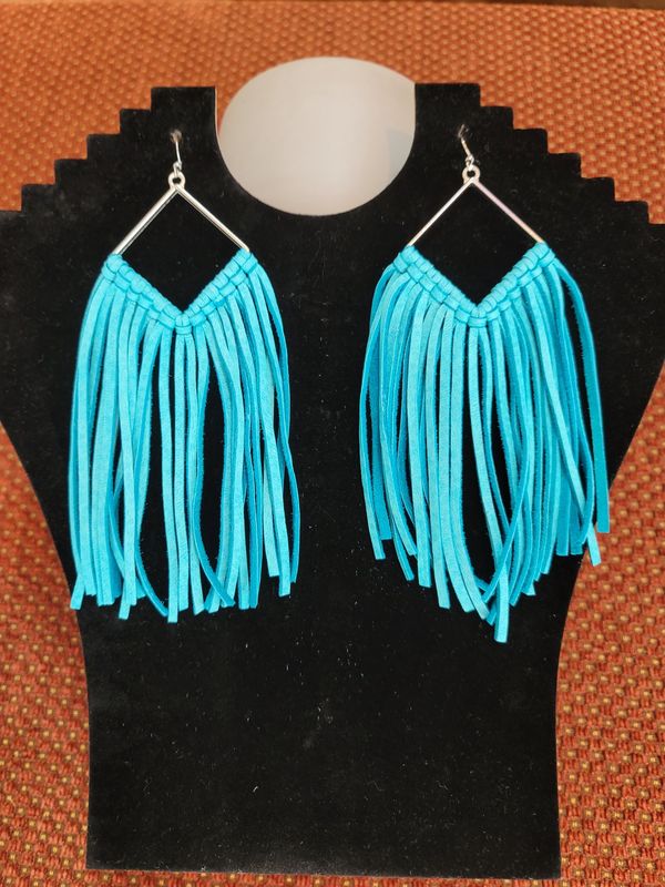 Turquoise Leather Fringe Earrings