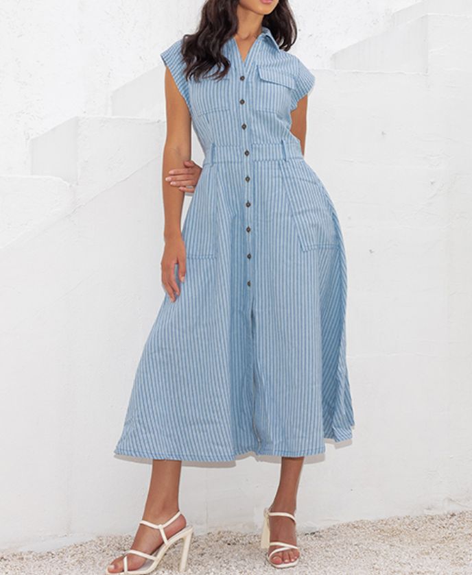 Blue Striped Midi Dress, Size: SMALL