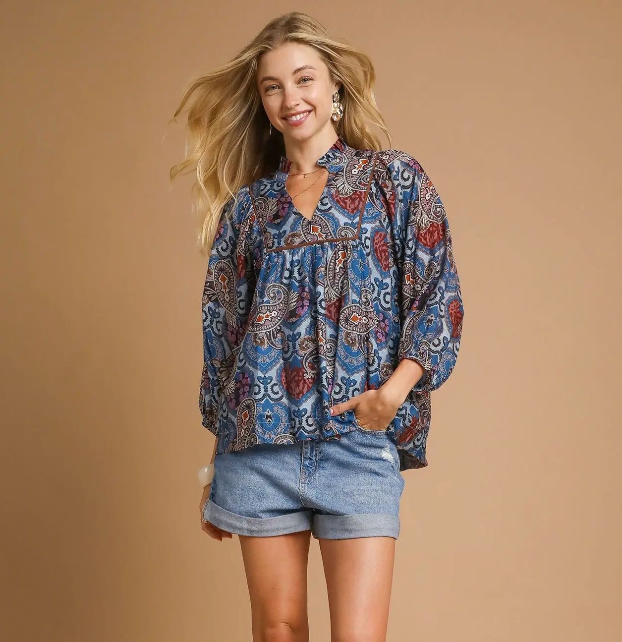 Boho Blue Paisley Blouse, Size: SMALL