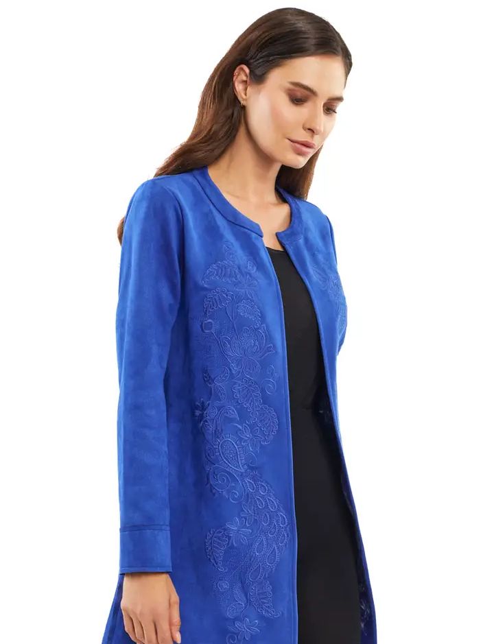 Embroidered Blue Suede Cardigan, Size: M