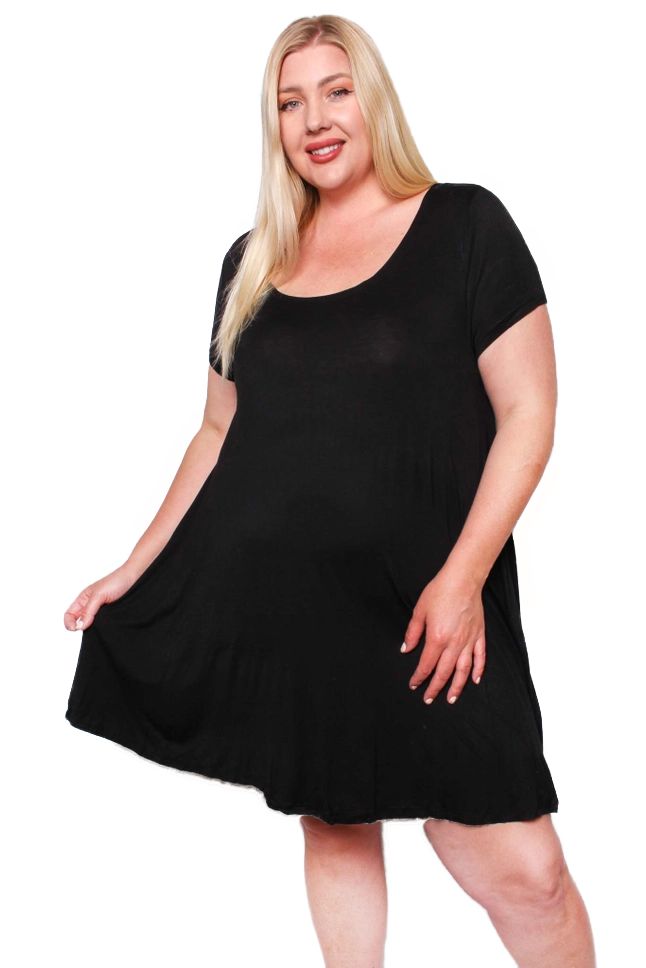 CURVY Scoop Neck Mini Dress, Color: BLACK, Size: 1X