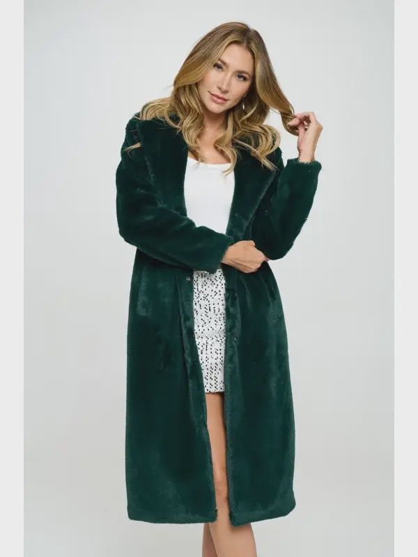 Green Velvet Faux Fur Coat, Size: MEDIUM