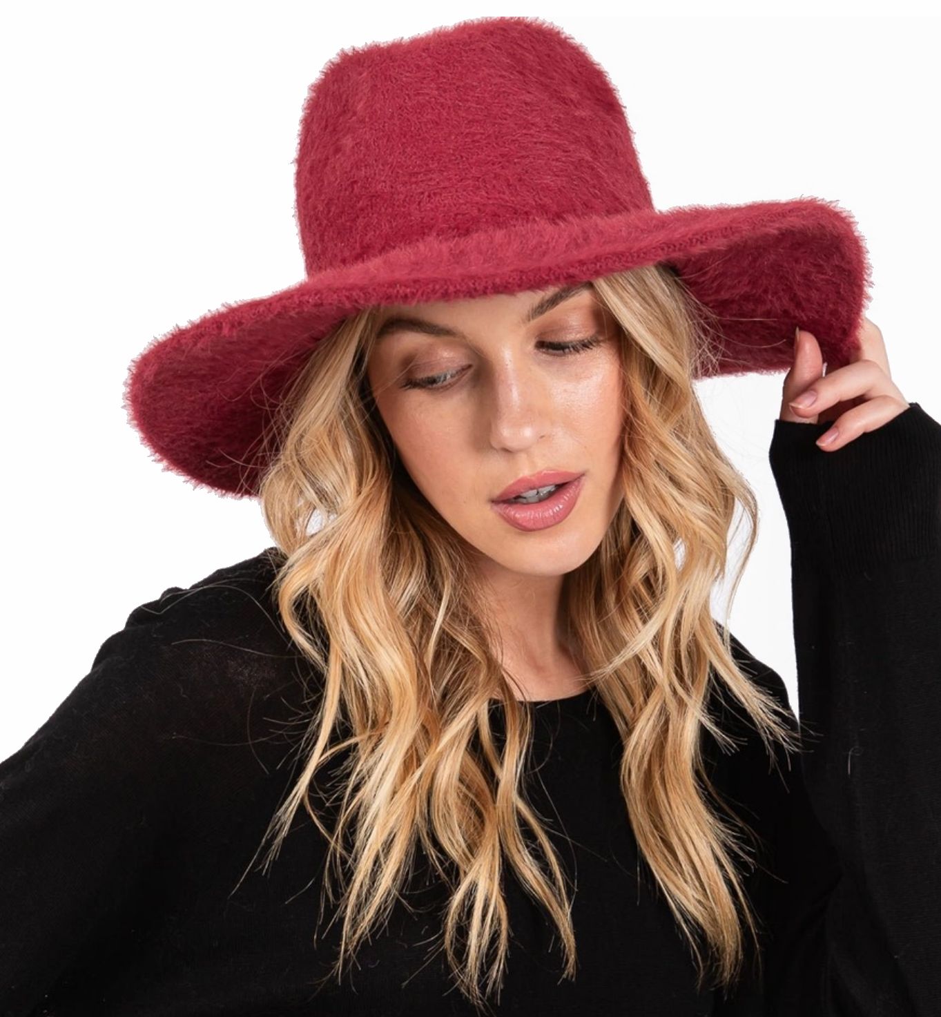 Furry Fedora Hat, Color: Burgundy