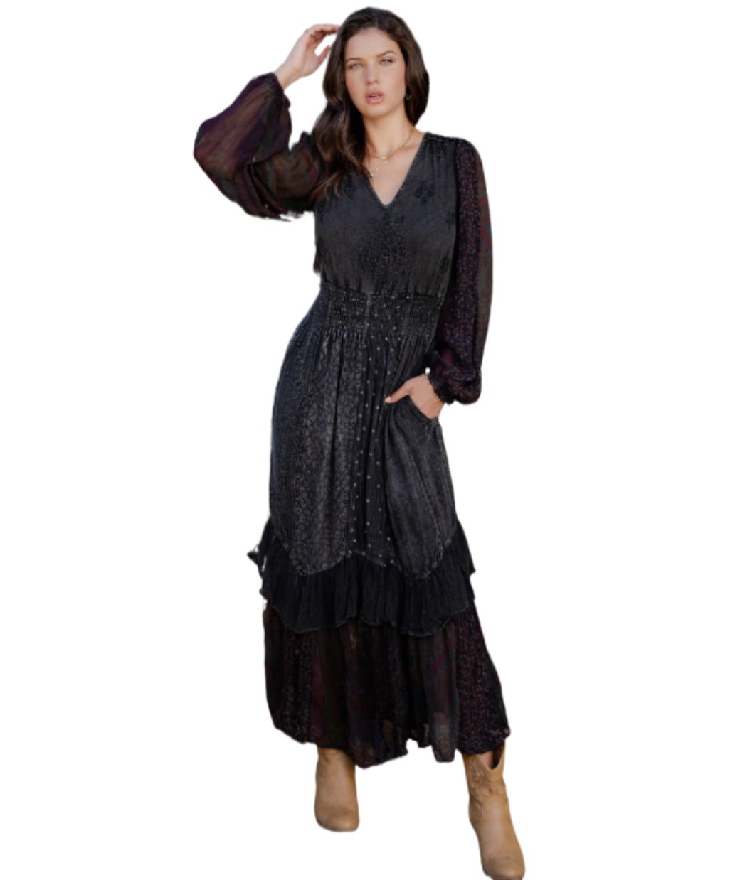 Embroidered Long  Sleeve Maxi Dress, Size: SMALL