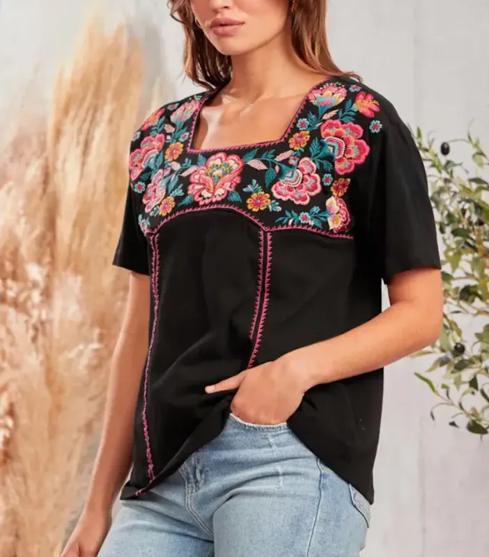 SJ Black Floral Yoke Top