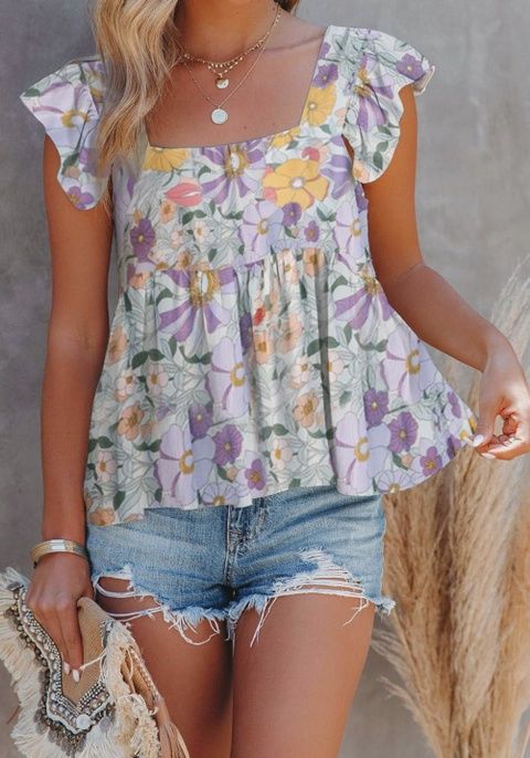 ON SALE Price Marked is 50% Off Orig. Price - Ruffled Shoulder Floral Top, Size: SMALL