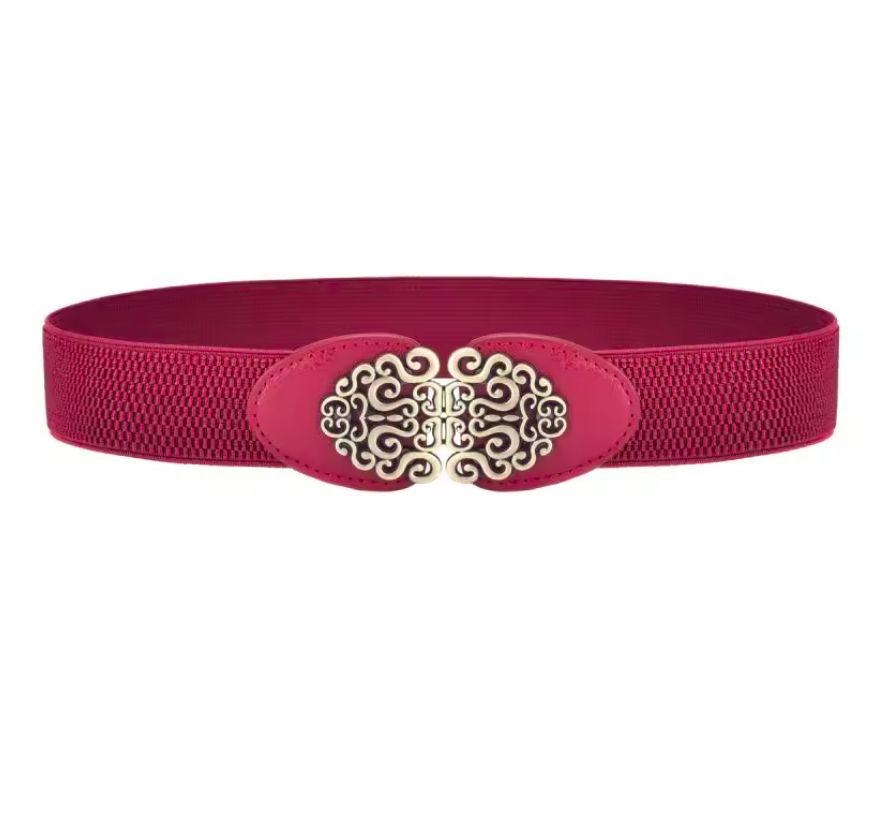 Double Scrolled Buckle Elastic Belt, Color: Red Wine
