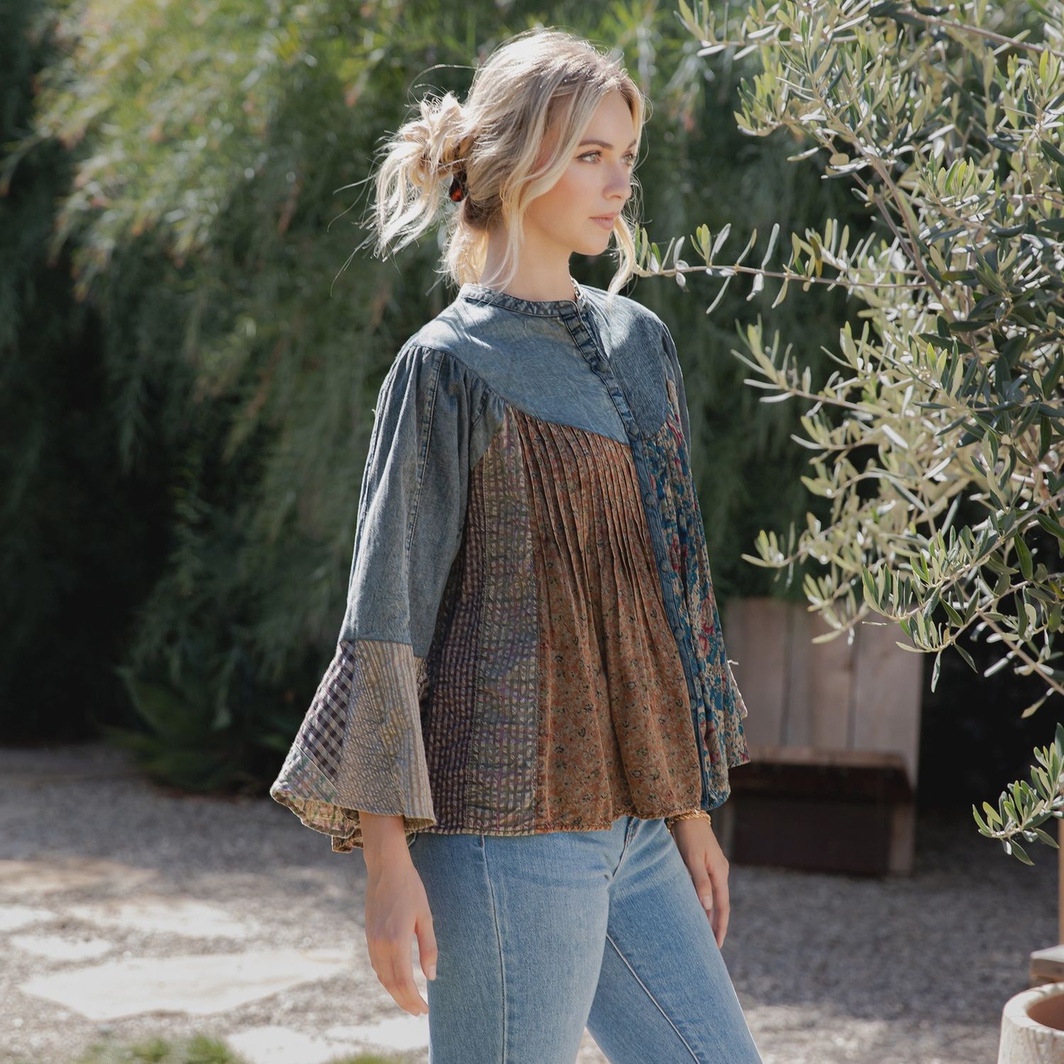 Pintucked Denim Shirt, Size: SMALL