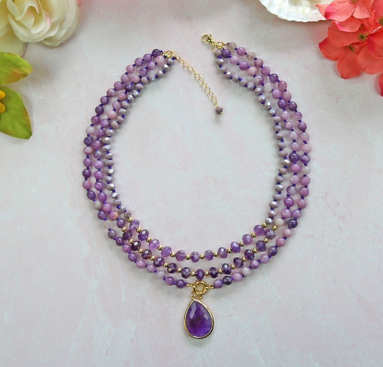 Amethyst Triple Strand Necklace