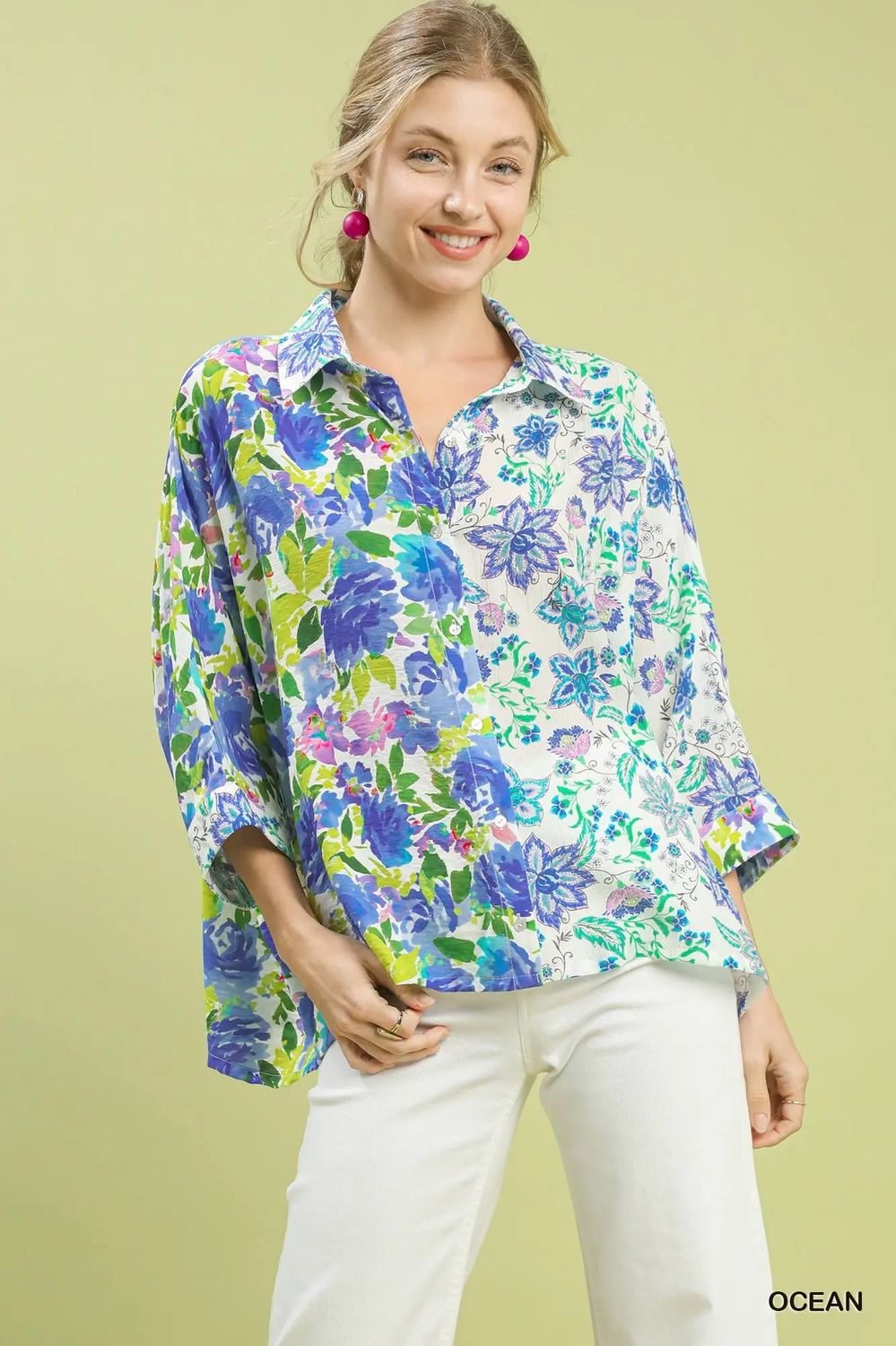 Floral Mix It Up Blouse, Color: Blue Mix, Size: SMALL