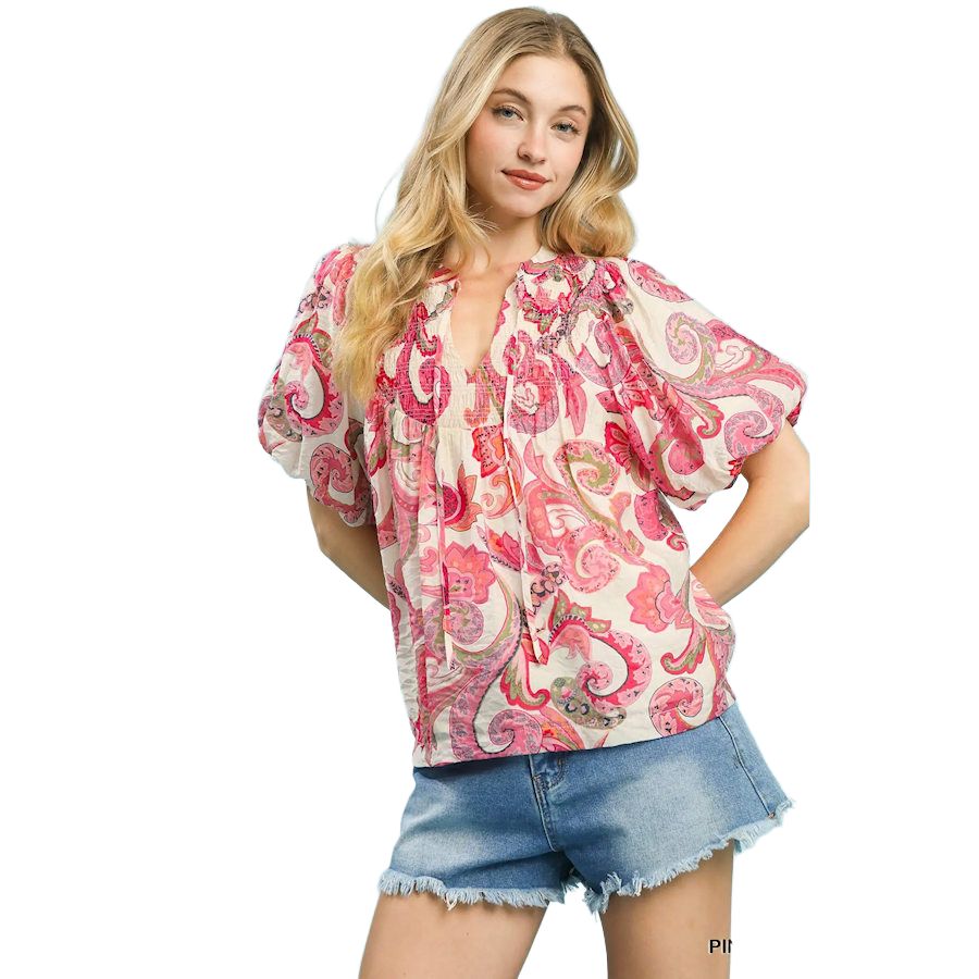 Paisley Peasant Top, Color: PINK, Size: SMALL
