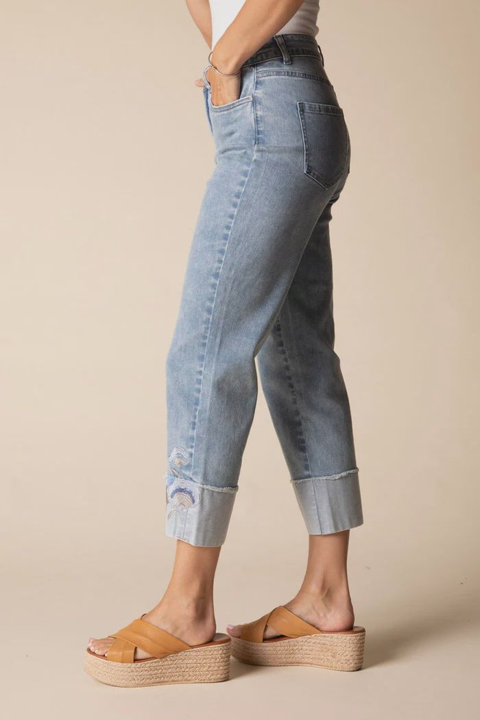Embroidered Cuffs Cropped Jeans, Size: 6