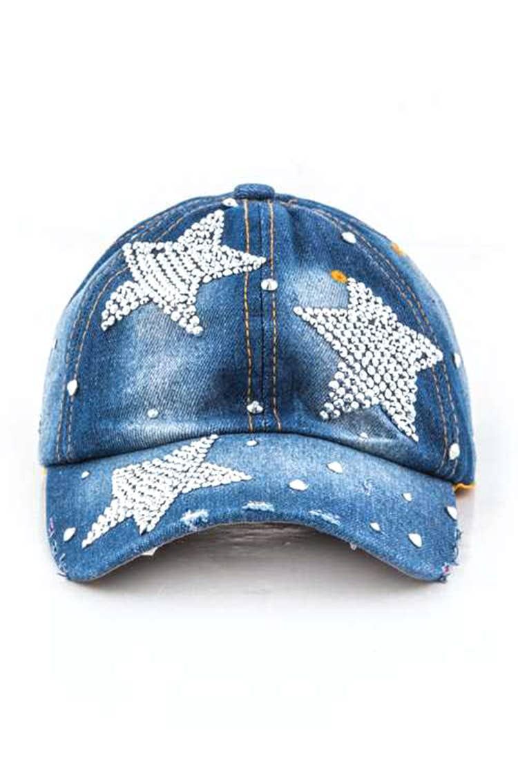 Stars  Embellished Denim Cap, Color: Denim