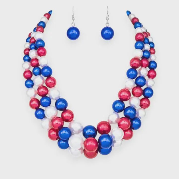 Layer Pearl Statement Necklace Set, Color: Red/White/Blue