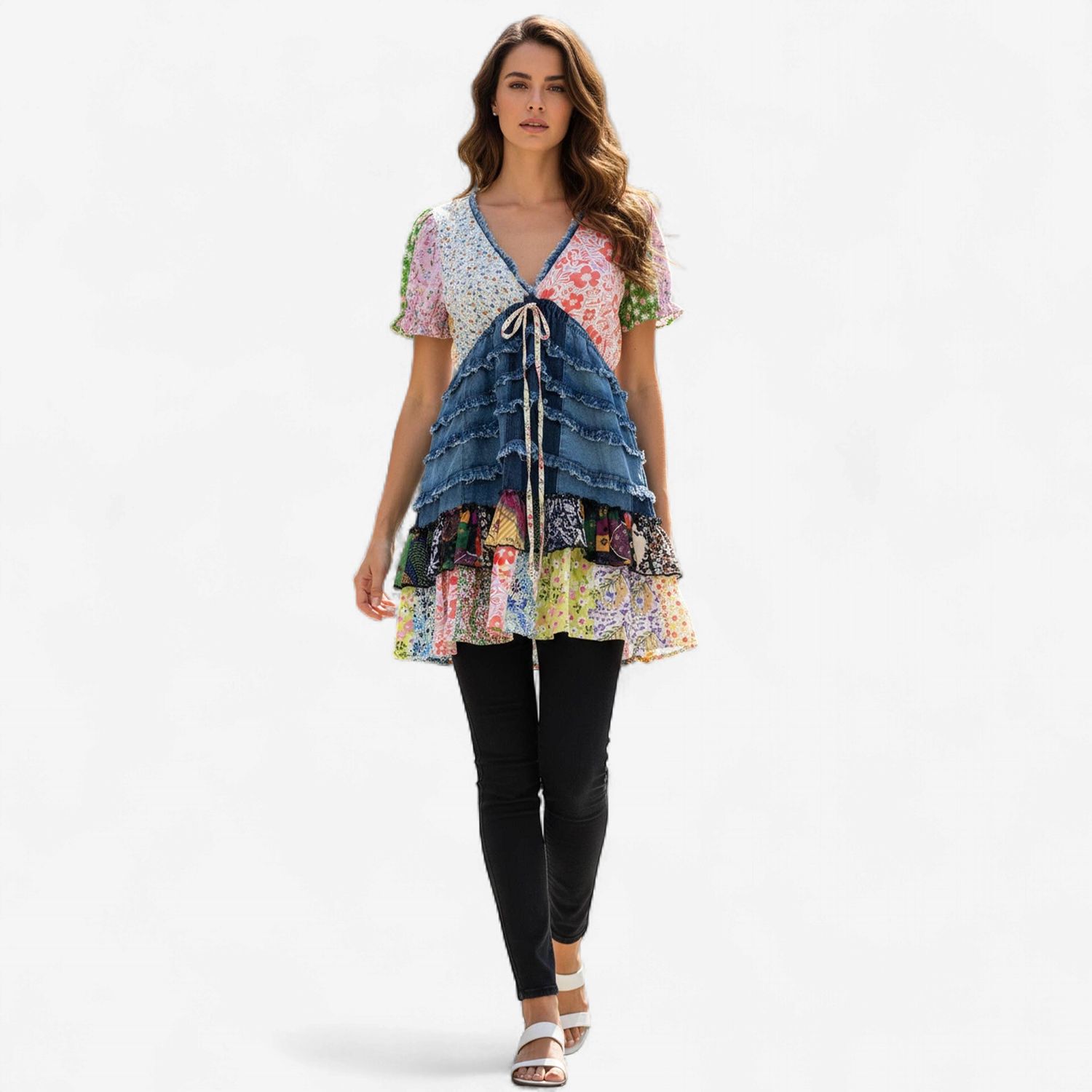 Patchwork Ruffly V-Neck Top, Size: SMALL