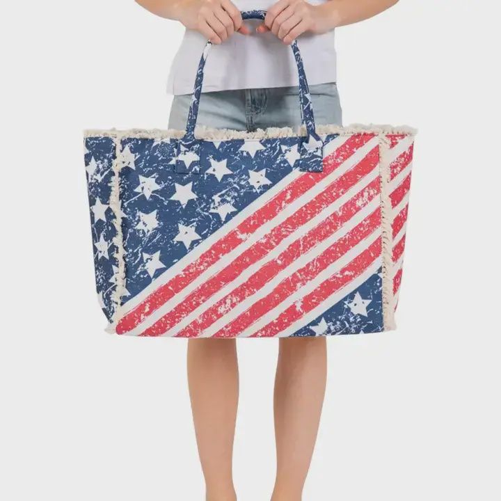 USA Flag Print Canvas Tote