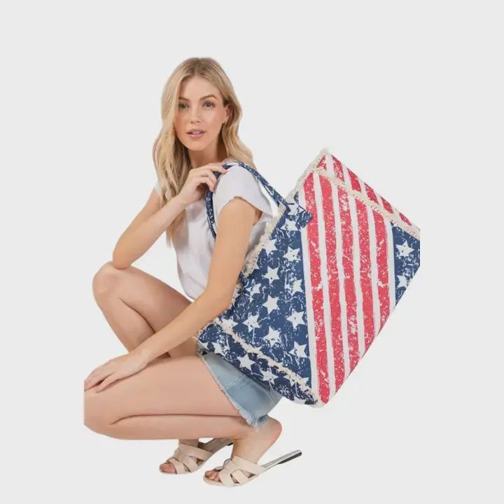 USA Flag Print Canvas Tote