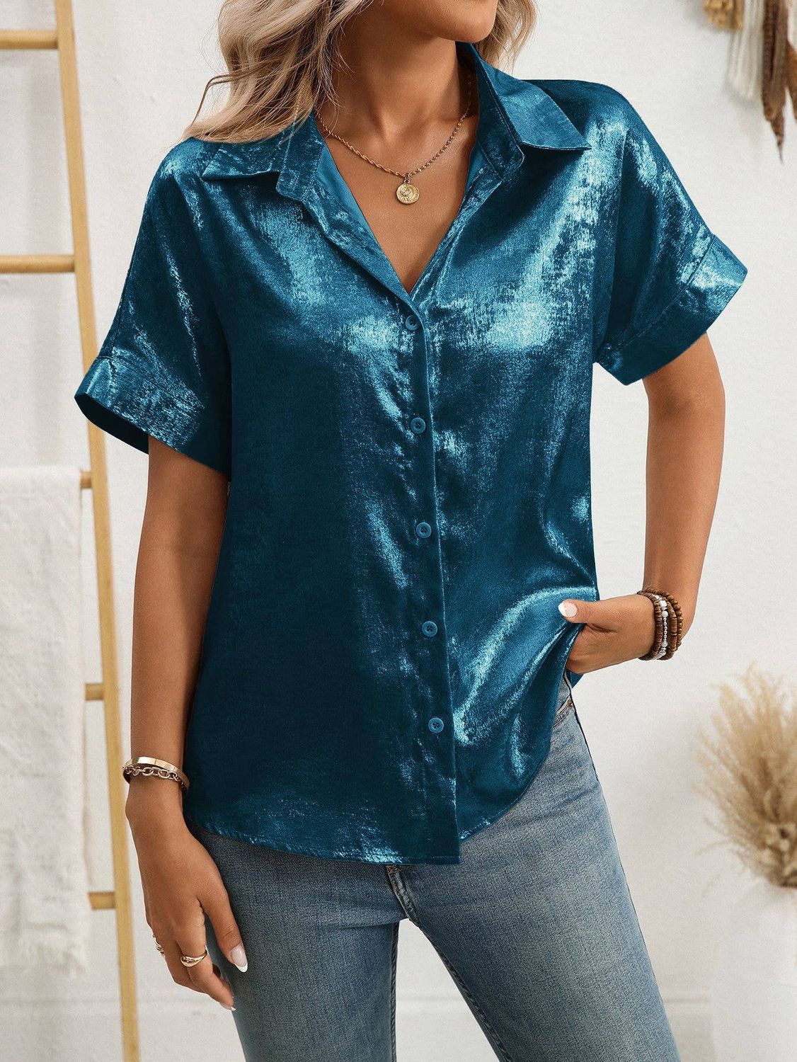 Shiny Metallic Blouse, Color: Dark Blue, Size: SMALL